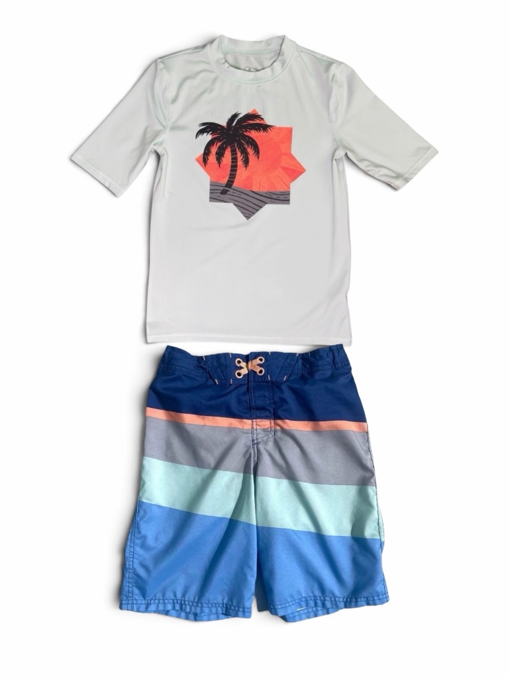 Art Class Boys 2-Piece Palm Tree Rash Guard & Board Shorts Swim Set L & 12